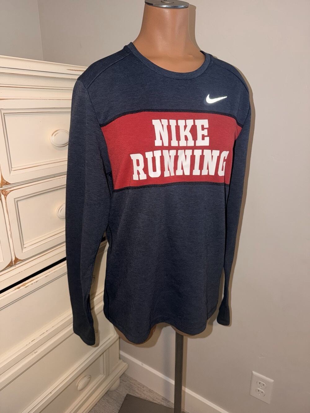 Retro Nike Running Shirt Long Sleeved Red Navy Blue Size Small
